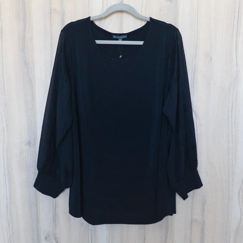 Adrianna Papell Womens Blouse 2X Black Mesh Sleeve Career Dressy‎ Whimsical Chic